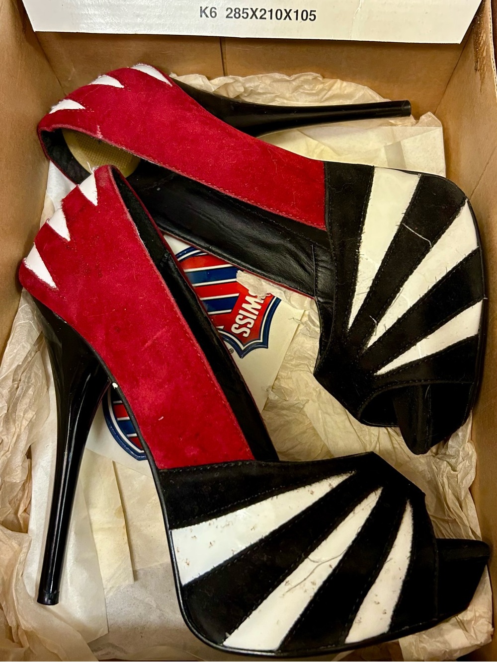 Red, Black & White Suede Peep-Toe Stiletto Heels